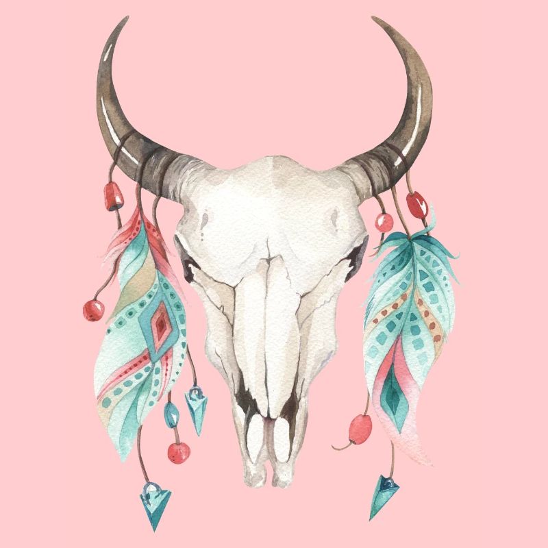 Crâne d’animal avec des plumes.