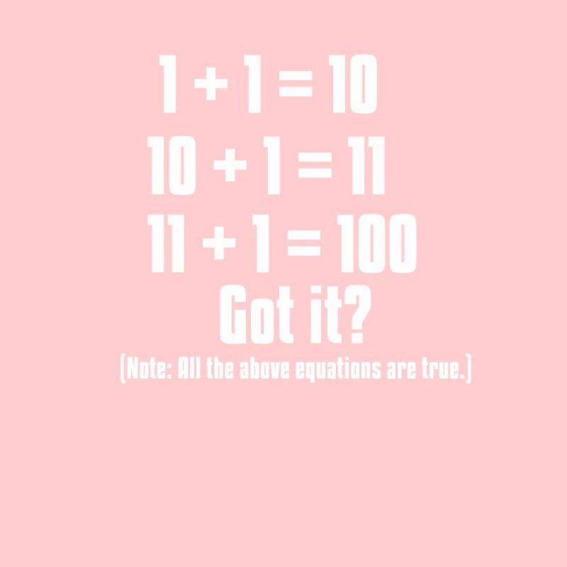 1 + 1 = 10. 10 + 1 = 11. 11 + 1 = 100. Understood?
