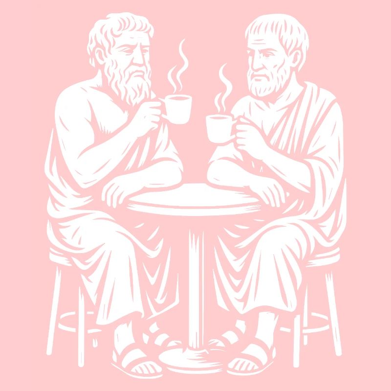 Aristotle and Plato drinking coffee