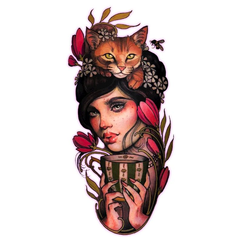 Pin Up Tattoo Kaffee Mädchen mit Katze