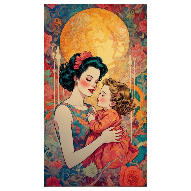 Mère avec enfant devant la lune - Retro 50s