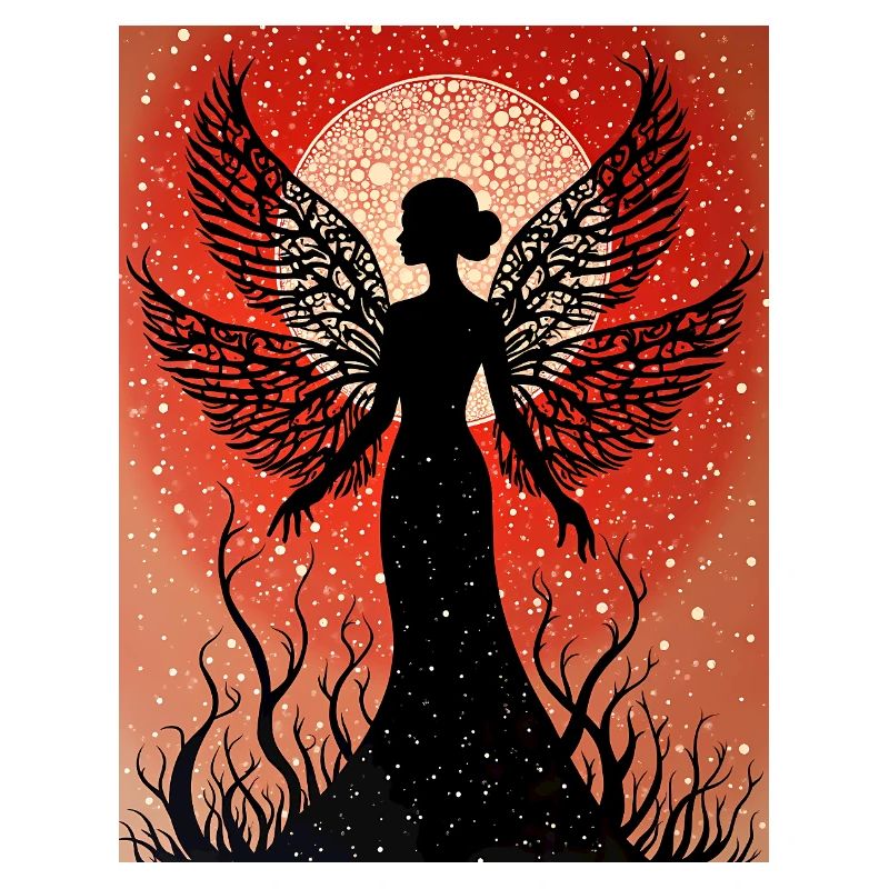 Silhouette d’une fée devant le ciel rouge avec la lune
