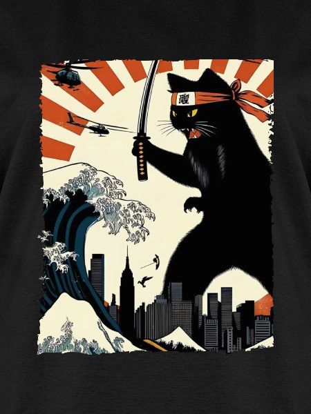 Ninja Cat Vintage med Katana Warrior Japan Kunst