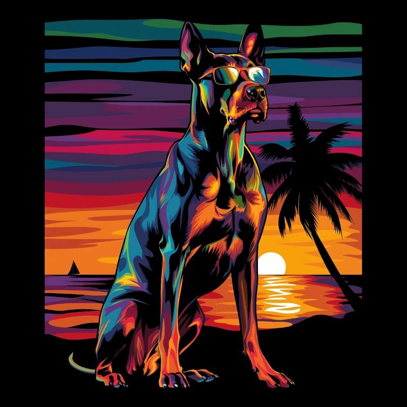 Doberman Dog Sunglasses Beach Sunset