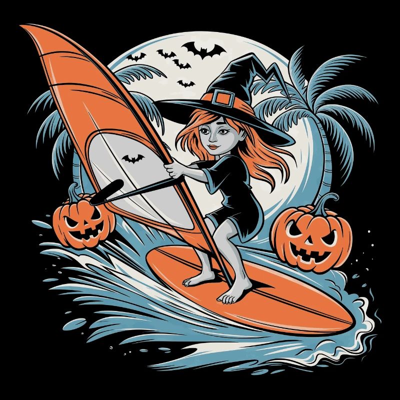 Sorcière d’Halloween en planche à voile