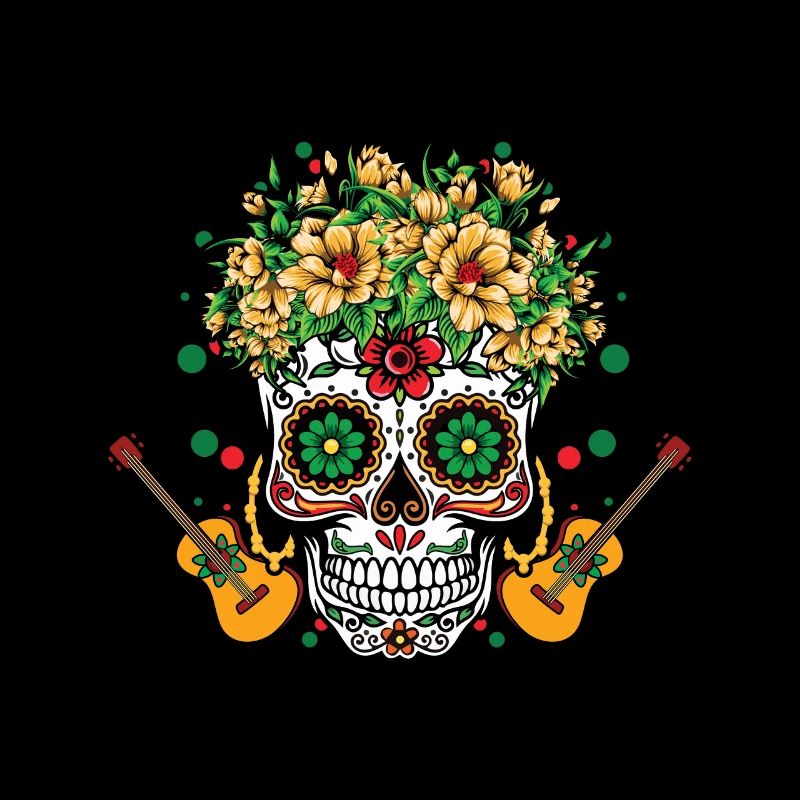 Crâne coloré avec guitare et fleurs