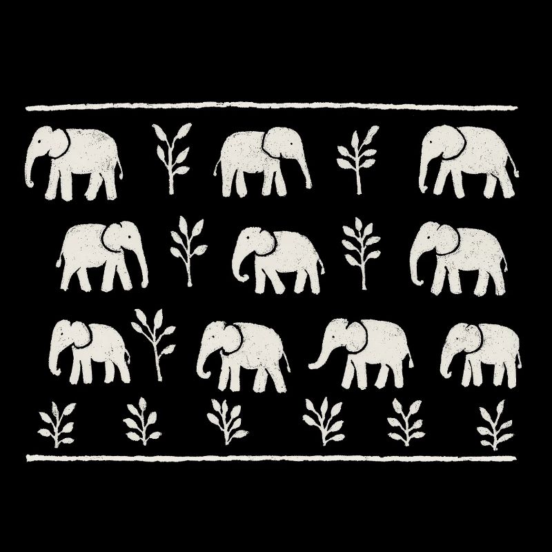 Éléphants et feuillages noir et blanc répétitif