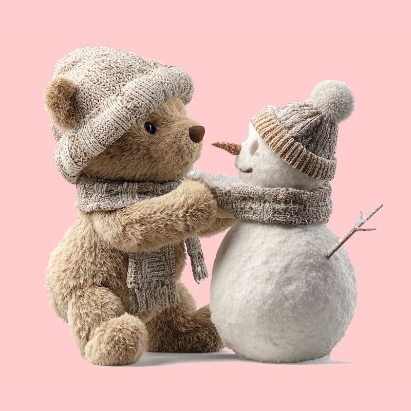 Winter cuddle teddy meets snowman