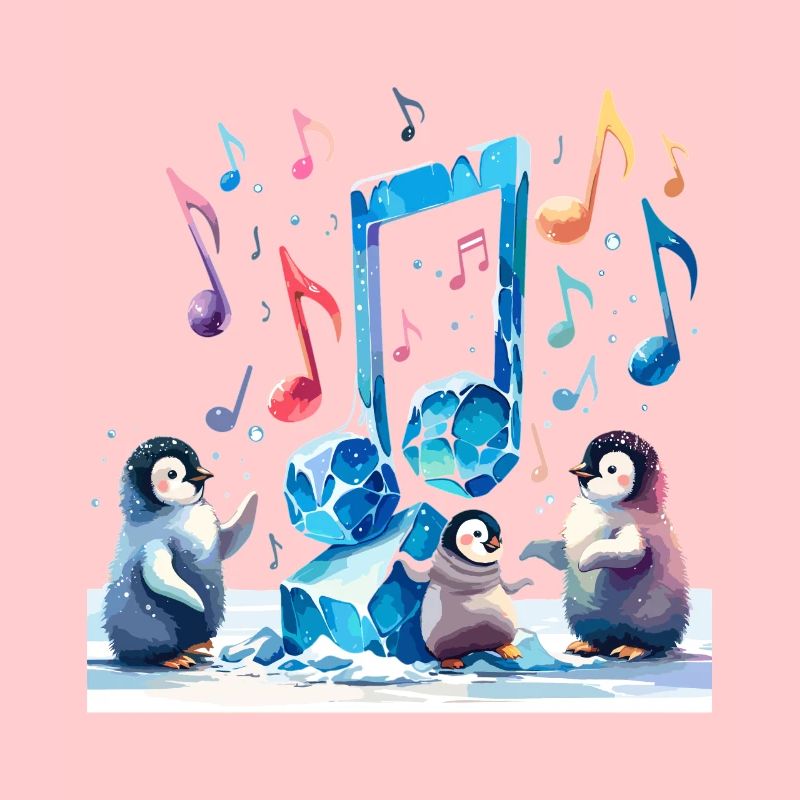 Penguins playing with ice-shaped notes