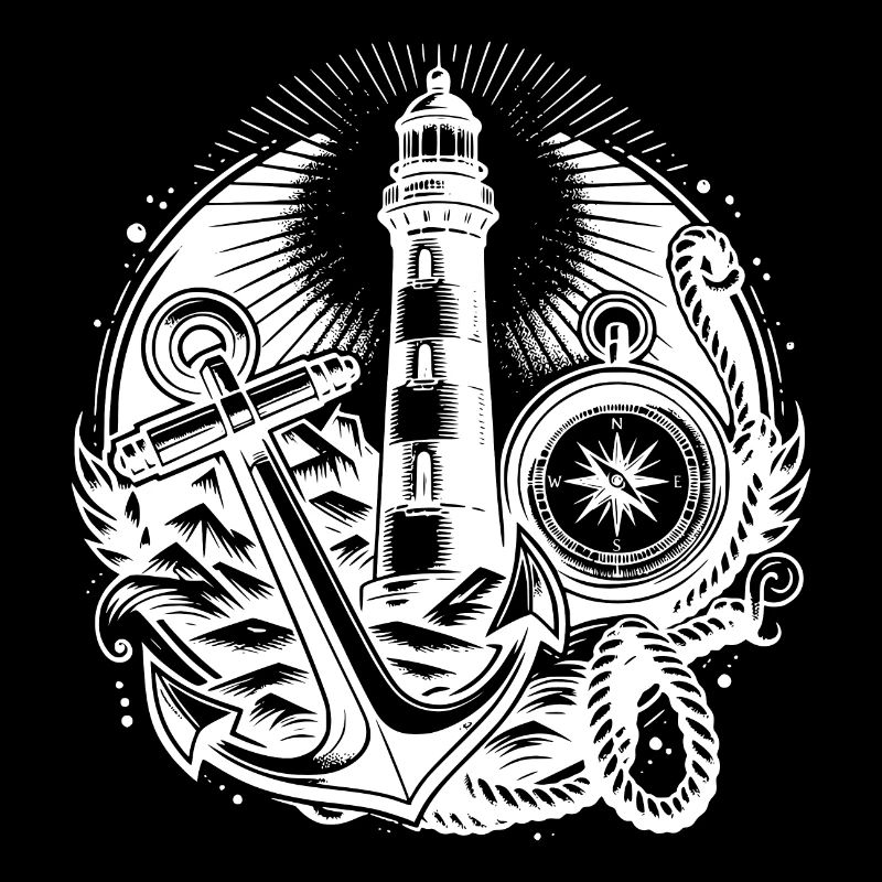 Faro costiero con bussola, ancora e luce