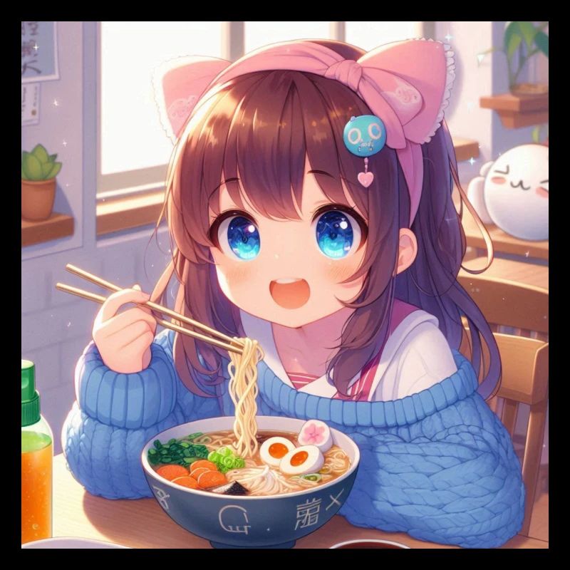 Japanisches Anime-Mädchen isst Ramen
