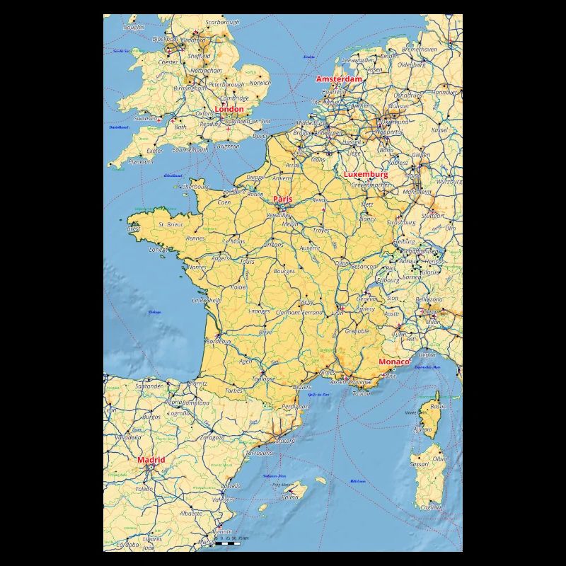 Frankrig kort med byer, veje, floder, søer