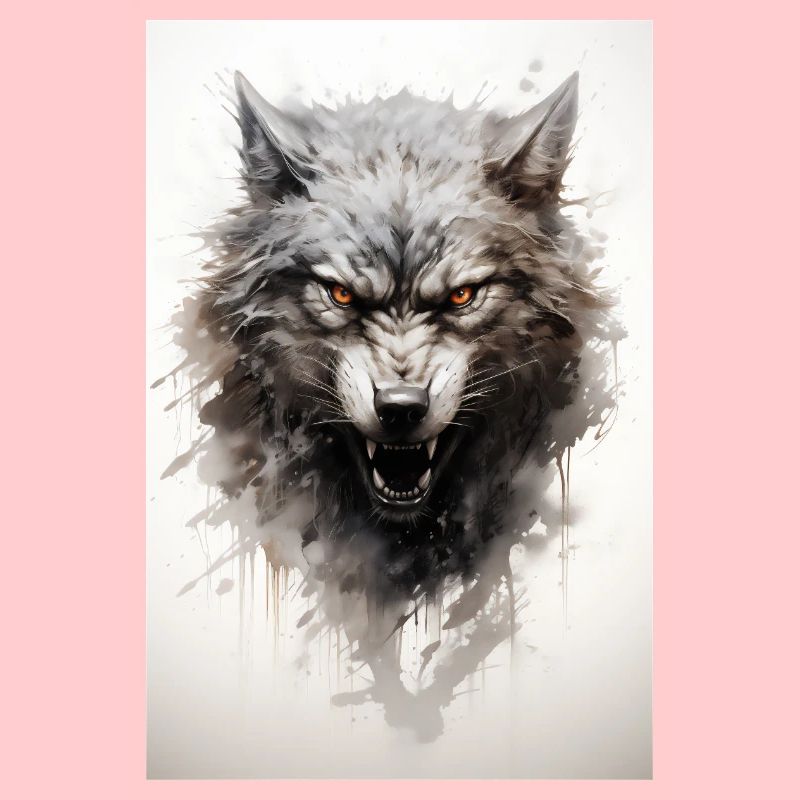 Ein wütender, grauer Wolf mit grafischen Elementen
