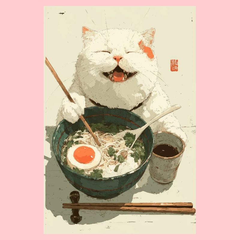 Chat blanc heureux mangeant des ramen