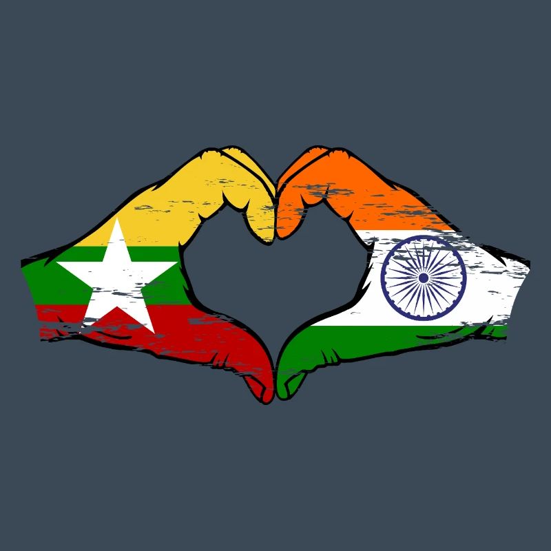 Myanmar Inde drapeau mains forme de coeur utilisé