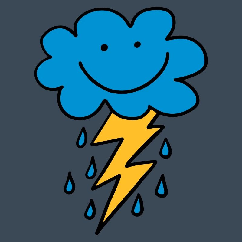 Funny cloud with flash, raindrops, comic, emoji