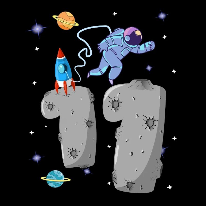 Astronaut with rocket on asteroid 11th birthday