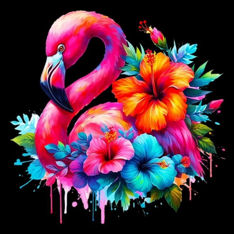 Flamant rose décoré de fleurs d’hibiscus