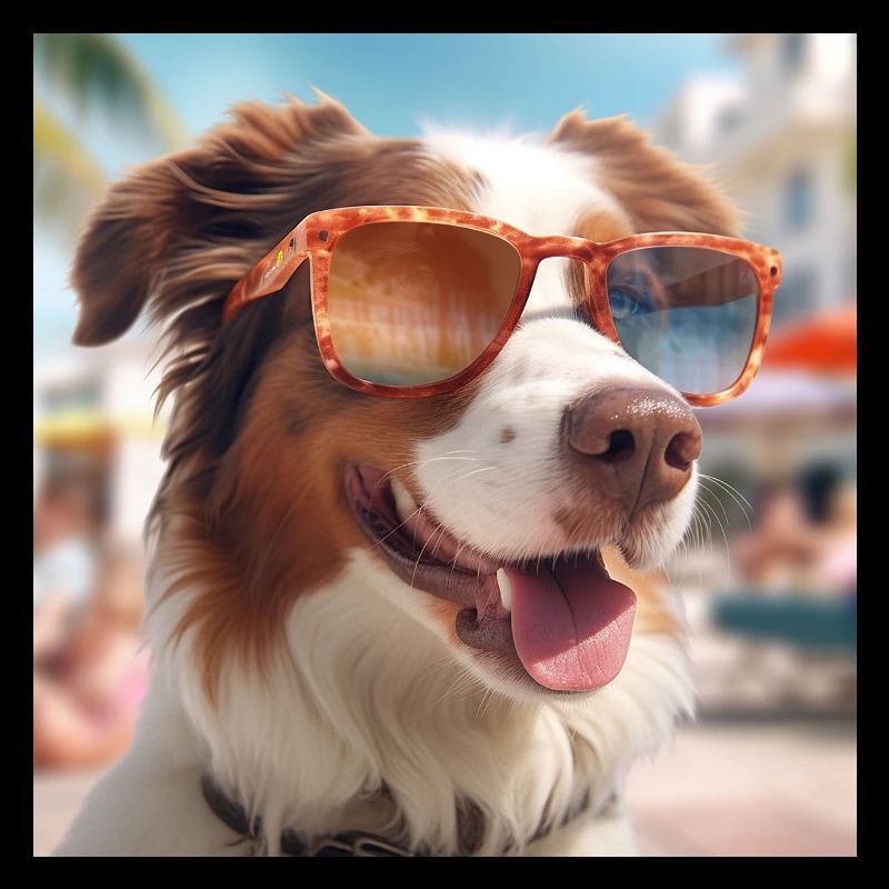 Australian Shepherd mit Sonnenbrille im Urlaub