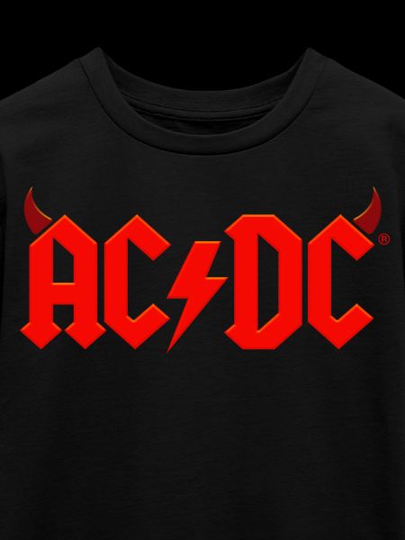 AC/DC rødt logo med djævlehorn og lyn