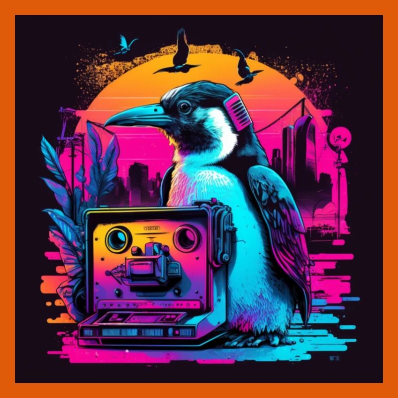 Pingouin aux couleurs néon, synthwave / 80s
