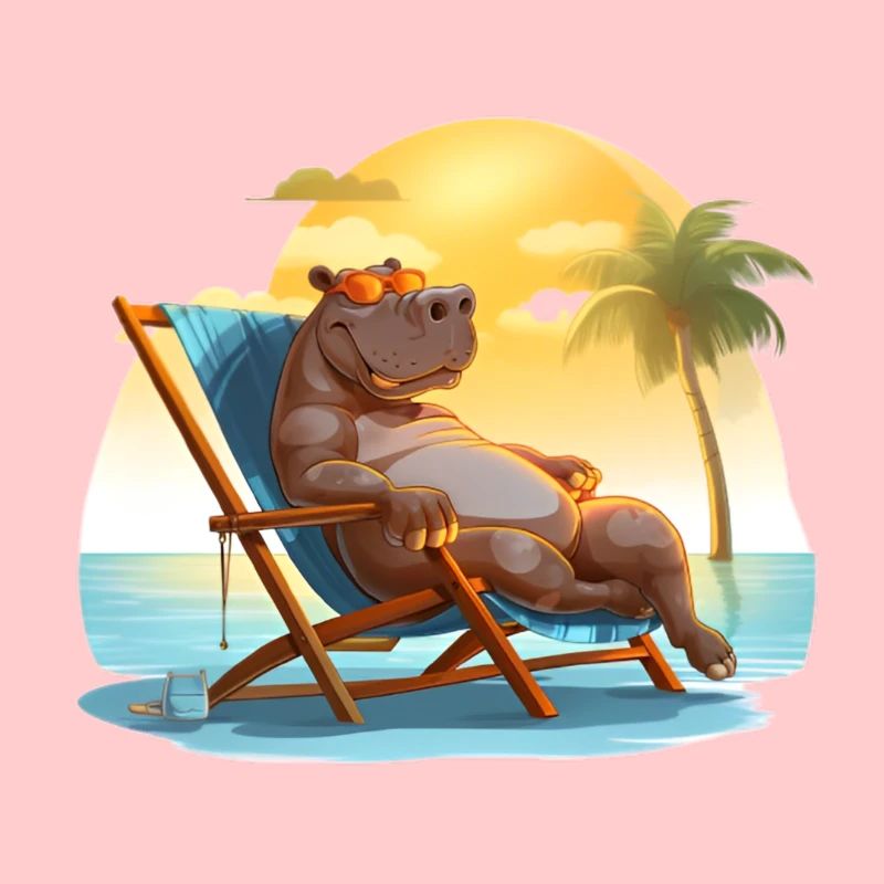 sunbathing hippo on the beach in a deck chair