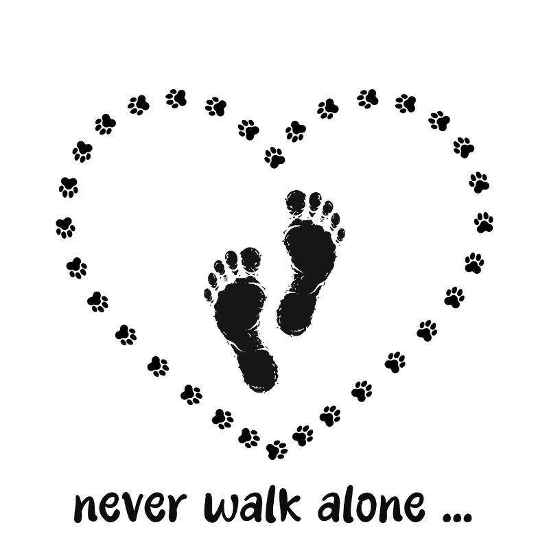Never walk alone. Dog paws, footprints, heart.