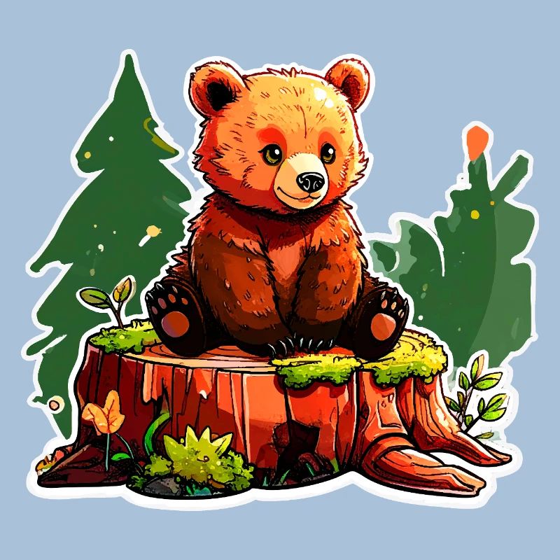 A little bear perched on a tree stump