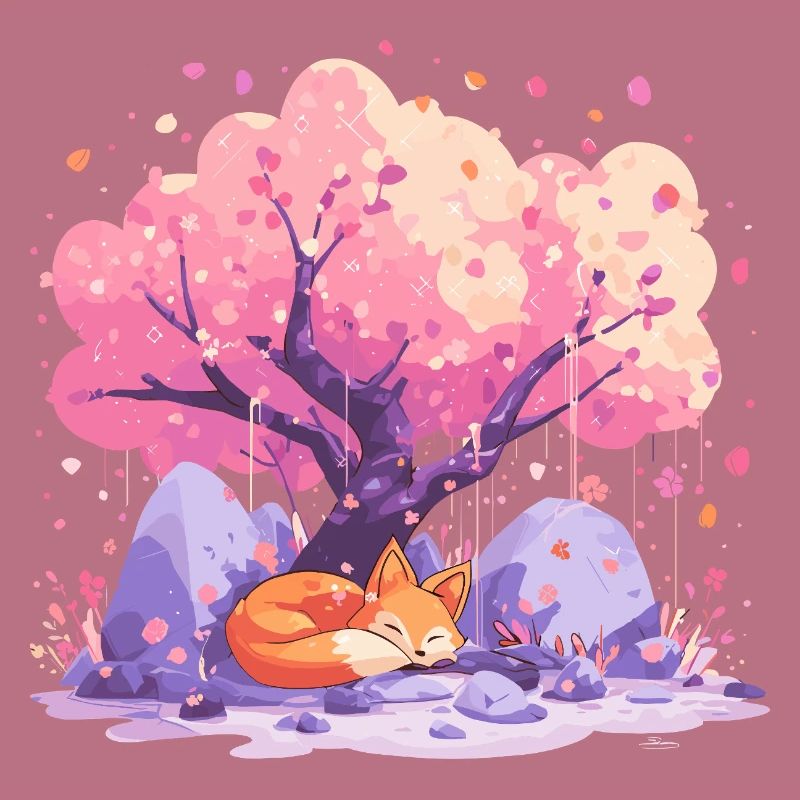Sleeping fox under cherry tree