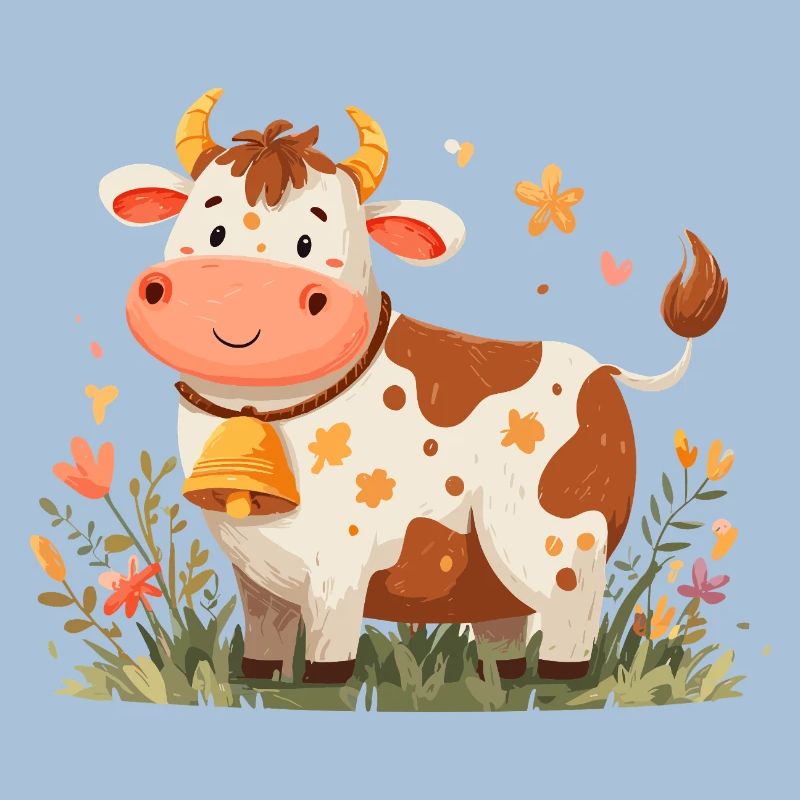 Vache avec clochette dans un champ de fleurs
