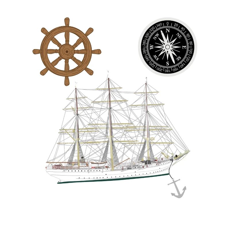 Sailing ship, full-rigged ship, compass, anchor, steering wheel
