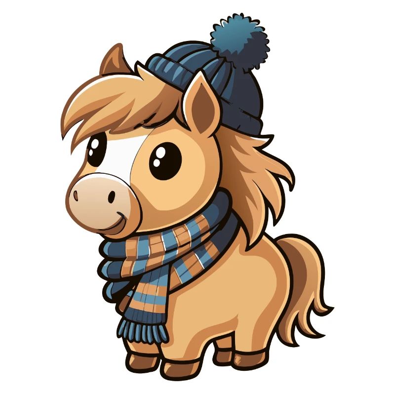 Poney mignon avec écharpe et chapeau à pompon.