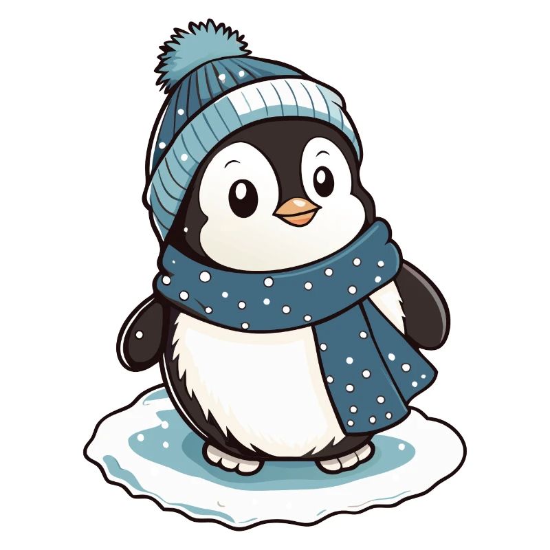 Pingouin mignon avec écharpe et chapeau à pompon.