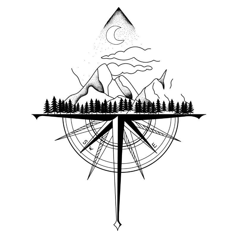 Compass travel under the mountains line drawing