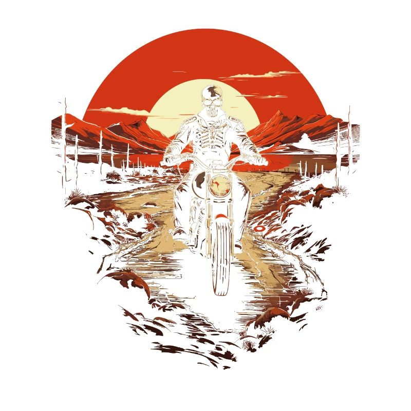 Skeleton Biker On Endless Road Sunset