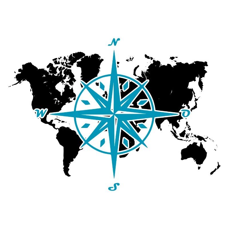 Windrose oder Kompassrose mit schwarzer Weltkarte