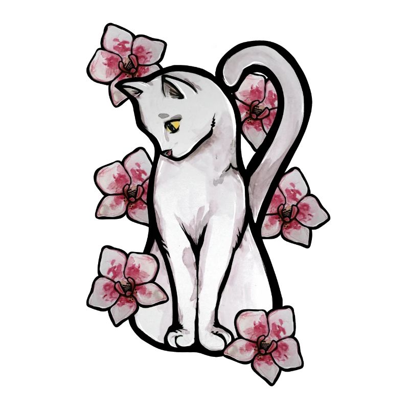 Orchidées Roses Chat Blanc