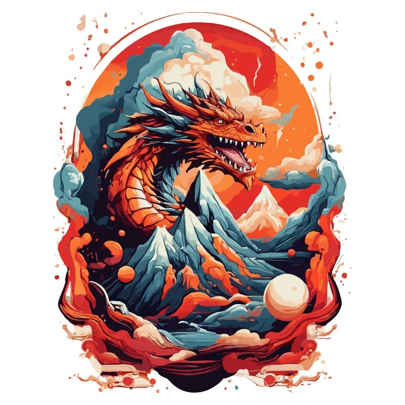 DRAGON BETWEEN MOUNTAINS & LAVA & FIRE, RETRO
