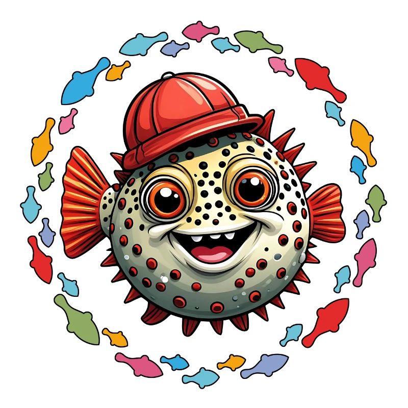 Puffer fish with red baseball cap and colorful fish