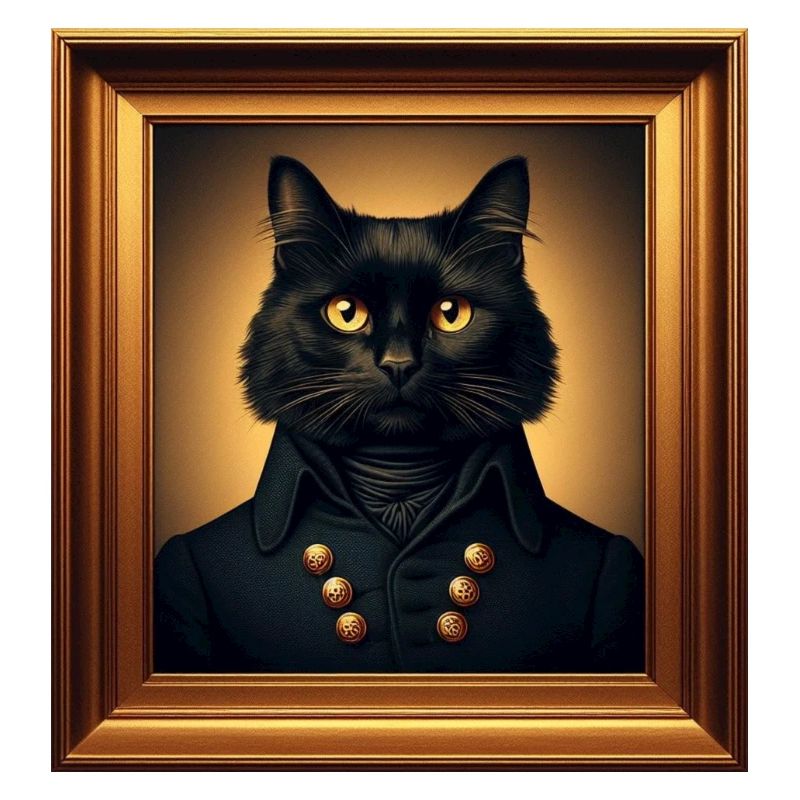 Portrait d’un chat noir dans un cadre doré