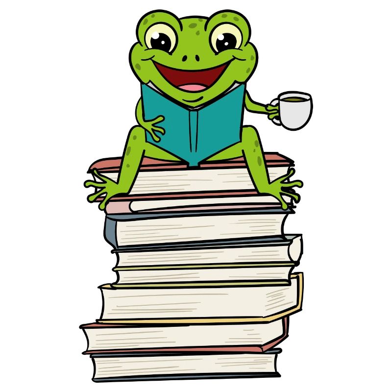 Frog sitting on Book Reading and drinking Coffee