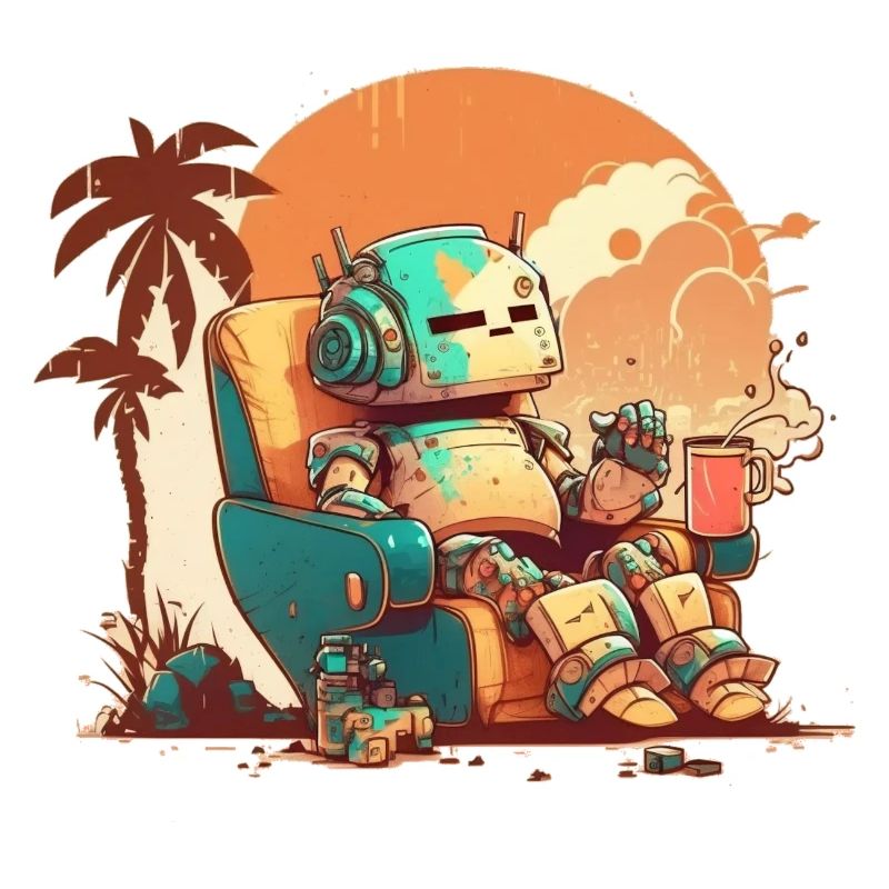 A resting old robot on an orange background.