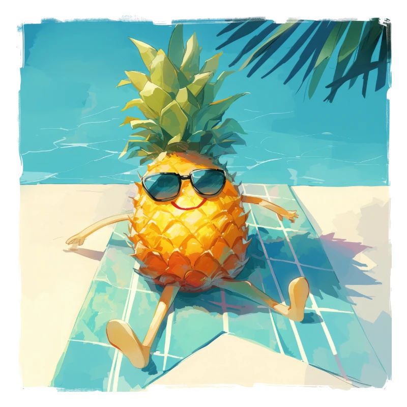 Funny pineapple sunbathing by the pool