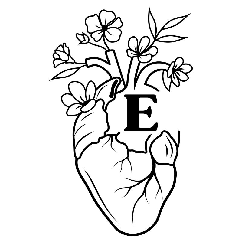 Buchstabe e Herz schwarze florale Anatomie