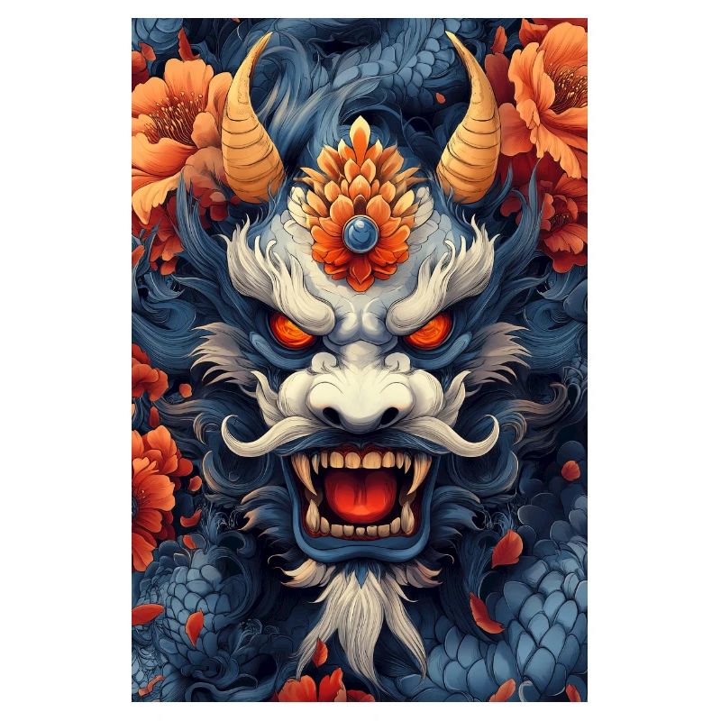 Blauer Drachenkopf mit Feuerblumen