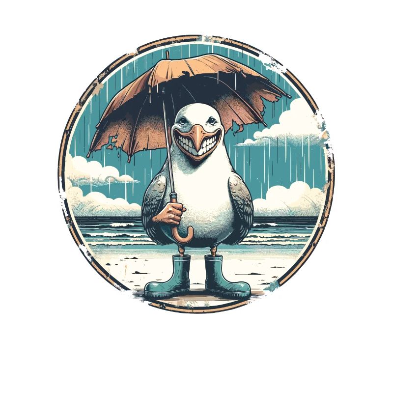 Lachende Möwe mit Gummistiefel und Regenschirm