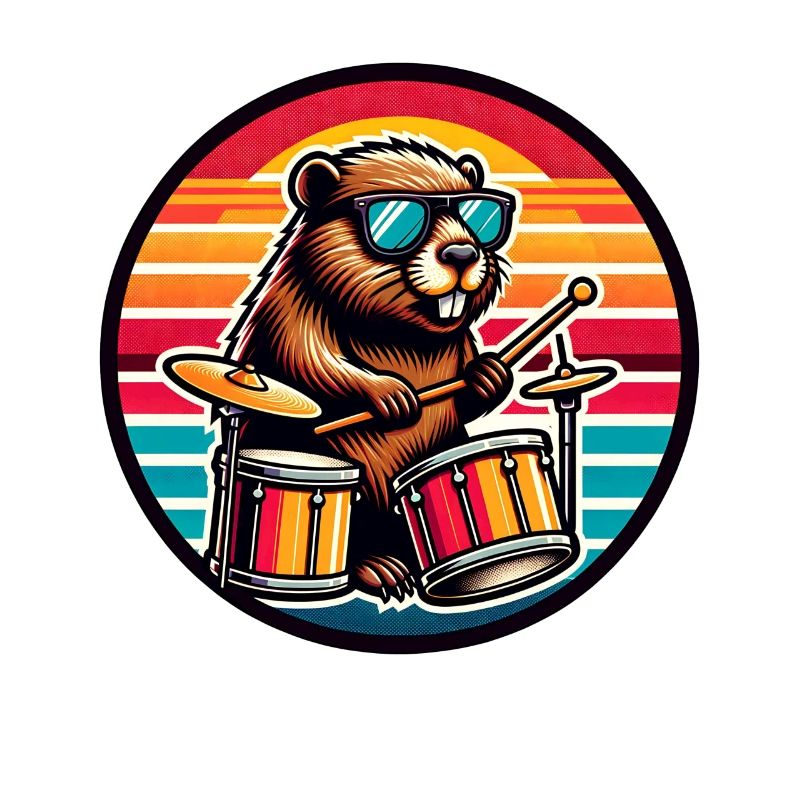 Retro Beaver Drummer with Drumsticks Rock Band