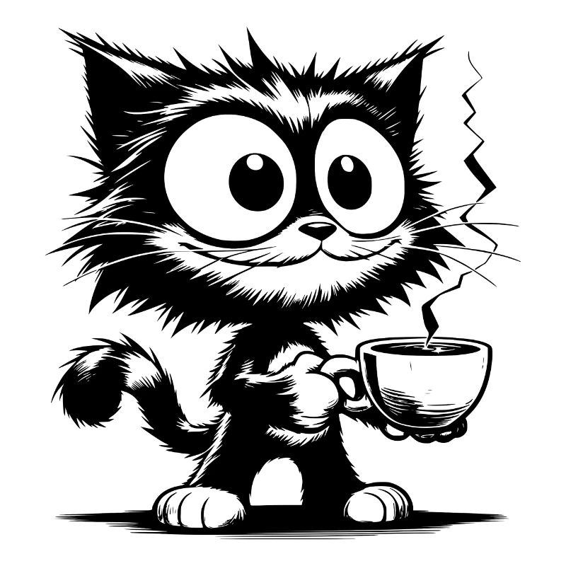 Funny grinning cat with coffee cup