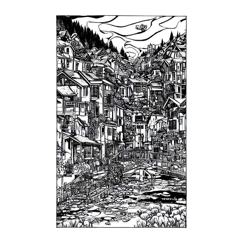 Scène complexe de village à l’encre