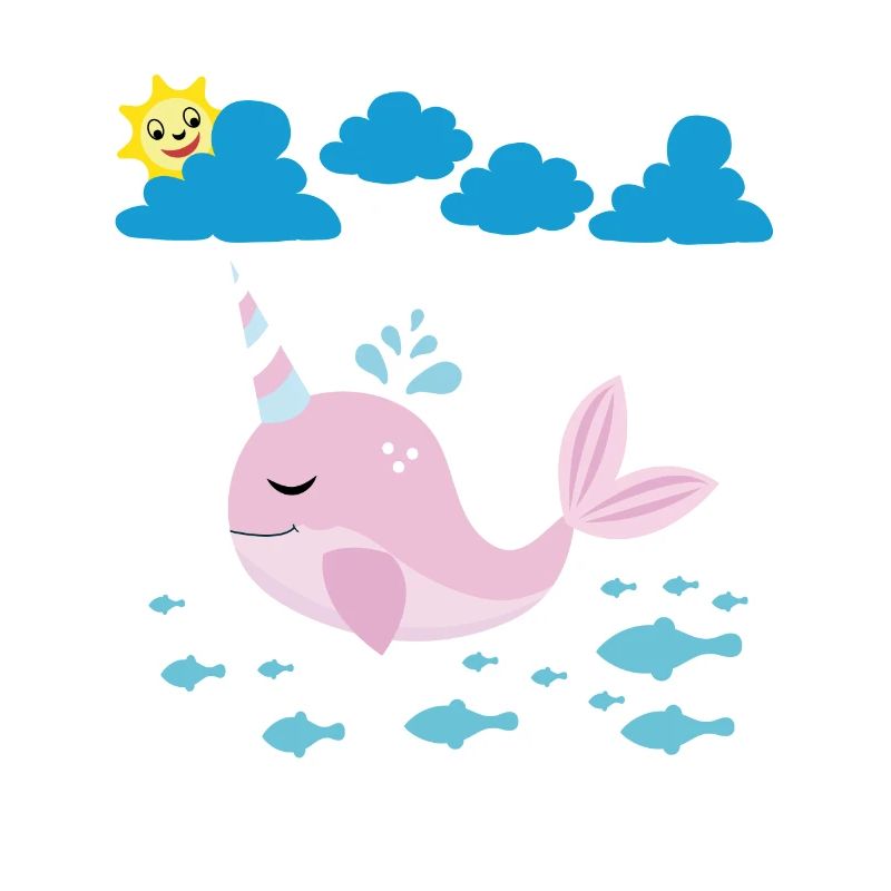 Little narwhal, smiling sun and fish